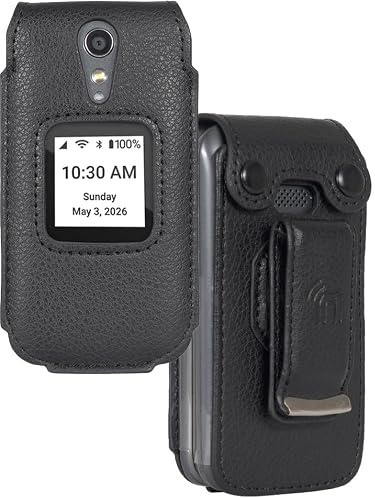 Case for Lively Flip Phone, Nakedcellphone [Black Vegan Leather] Form-Fit Cover with [Built-in Screen Protection] and [Metal Belt Clip] for GreatCall Lively Flip Phone (4053s)