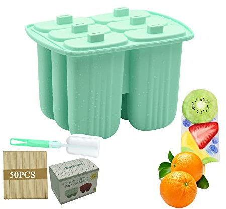 Large Ice Lolly Moulds with Sticks, 6 Pieces Silicone Popsicle Molds, Homemade DIY Ice Pop Maker Reusable Easy Remove Lolly Moulds for Frozen Popsicle(Green)