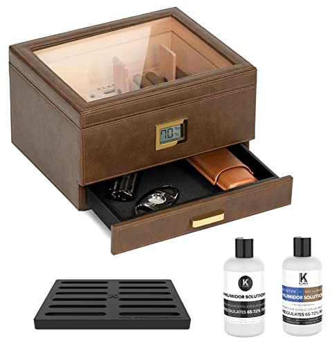 CASE ELEGANCE Belmont Glass Top Humidor Pelle Vegana Premium, Igrometro Digitale Frontale, Cedro Spagnolo, Soluzione Humidor, Sistema Hydro- Contiene (30-60 Sigari) Rivestito in Pelle