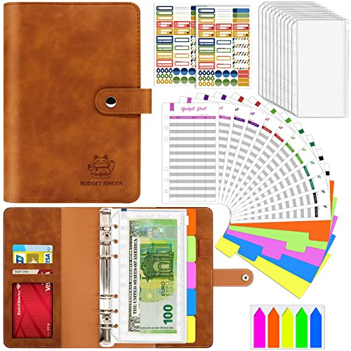 Cuaderno de Carpeta A6 de Piel Sintética, Organizador de Presupuesto Con Hojas, Etiquetas Adhesivas, Separadores y Cremallera (Marrón)