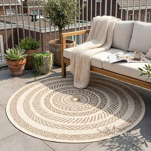 In- & Outdoor Jute Teppich Rund - Nomad Aztec Creme - Ø 120 cm | Wetterfest - Synthetik, Polypropylen - Wohnzimmer, Esszimmer, Balkon, Garten / Terrasse - Terrasse teppich - Outdoor rug
