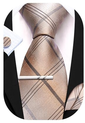Barry.Wang Herren Seidenkrawatten-Set, formell, quadratisch, Manschettenknöpfe, Krawattenklammer, klassisch, gestreift, Paisleymuster, Krawatten-Set, Business, Hochzeit, Hellbraun,Weiß, Einheitsgröße