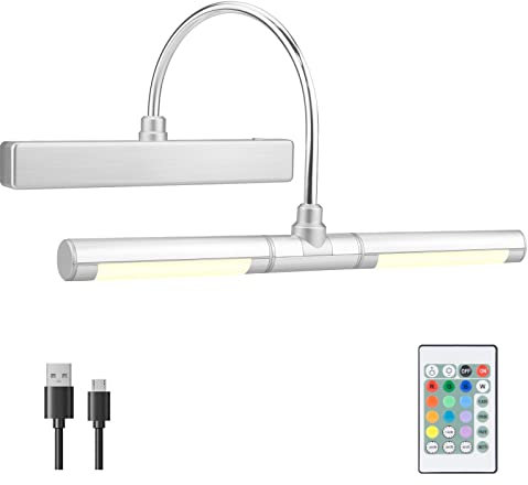 BIGMONAT Luz de imagen Batería Luz recargable inalámbrica para cuadros con control remoto,luz de pared regulable para pintar cuadros, exhibición con 12 cambios de color,4000K 180LM 28 LEDs-Plata