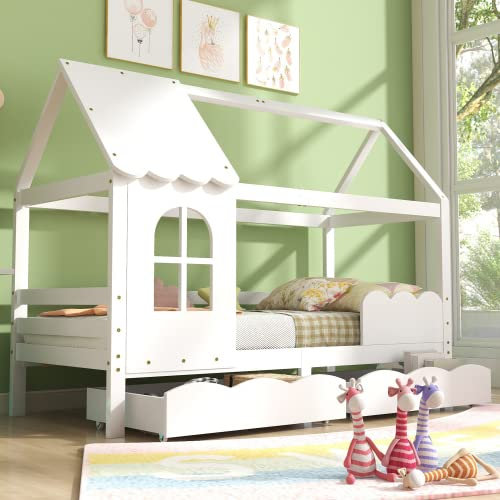 TZCIN Hausbett Kinderbett Jugendbett mit Rausfallschutz - vielseitiges Holz Kinderbett für Jungen Mädchen, Wei Schubladen, Massivholz Kinder Bett Fenster und Lattenrost, Weiß, 90 x 200CM