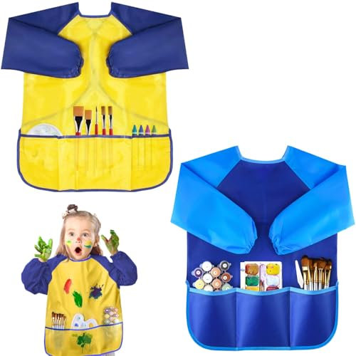 Norhogo 2 Stück Malkittel Wasserdichter Schürze mit Ärmeln, malkittel kinder und 3 Taschen für Malschürze Kinder 5-8 Jahre, für Schule Kunst Malerei, Kochen, Essen,Laboraktivität- Blau & Gelb