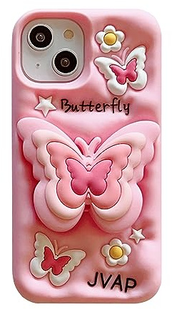QoKcoahn Fodral för iPhone 14 Pro, kawaii 3D-telefonfodral rolig, söt tecknad rosa fjäril, blomskydd med stativ, mjuk silikongel, droppskydd, för iPhone 14 Pro