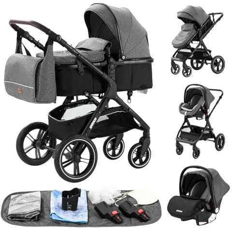 YAZOCO kinderwagen 3 in 1,Kombikinderwagen reisesysteme mit tragbar Moskitonetz Regenschutz Fußsack, Zusammenklappen, Liegeposition Hohe Landschaft (1 grau)