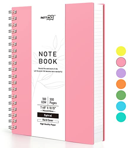 RETTACY Notizbuch B5 Liniert, 100g/m² Papier, 300 Seiten - Rosa | Journal im Tagebuch-Stil Softcover Spiralbindung 180° flach aufschlagbar, durchschlagfest & Gummiband – Büro & Alltag