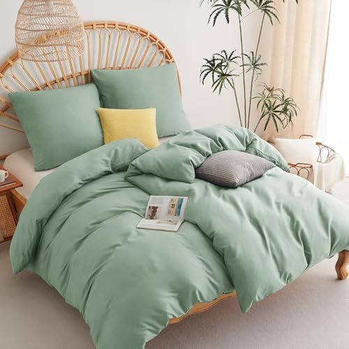 WAVVE Parure de lit, 4 pièces, vert sauge, avec 2 housses de couette de 135 x 200 cm et 2 taies d'oreiller de 80 x 80 cm, en microfibre douce, avec fermeture éclair