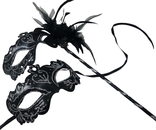 COUPLES MASKS SPARKLING BLACK AND SILVER RIALTO VENETIAN MASQUERADE CARNIVAL PARTY EYE MASK HAND HELD ON A WOODEN STICK
