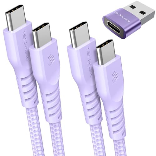 TECHGEAR Cavo di ricarica da USB C a USB C, 60 W (1 m + 2 m + adattatore) cavo intrecciato da C a C, cavo dati di tipo C per ricarica rapida, compatibile con i