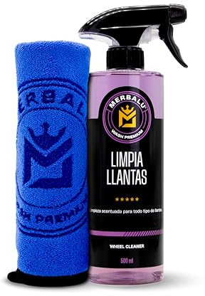 MERBALU Limpia llantas coche Limpiador de llantas Descontaminante ferrico para coche y moto Sin ácidos. Bayeta microfibra incluida Limpia llantas 500 ml.