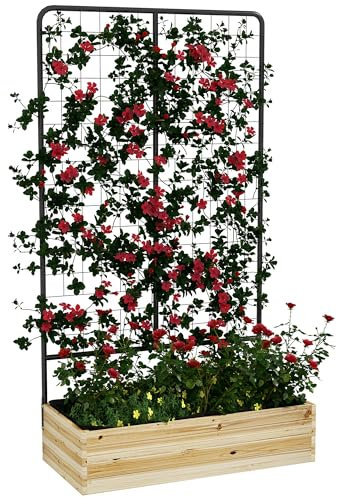Outsunny Letto per Orto Rialzato da Esterno, Fioriera da Esterno con Traliccio, Fori di Drenaggio e Tessuto non Tessuto per Piante Rampicanti in Abete e Acciaio, per Fiori Verdure, Nero e Color Legno