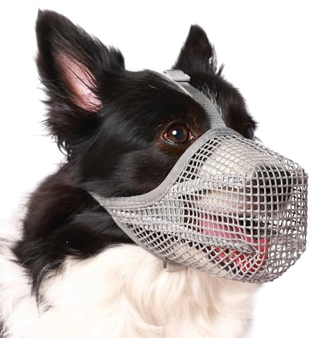 Munkorg i nät för hund, andningsbar, mjuk och justerbar, munmask för hund med lång nos, skyddande tugg- och undvikande ätningsöverdrag för små, medelstora och stora hundar (XS, grå)