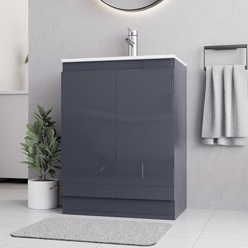 BELOFAY Denvor Grey 600mm Floor Standing Bathroom Vanity Unit With Basin - Laquered Cloakroom Vanity Unit with 1 Tap Hole Ceramic Basin and Soft Close Hinges. (WASTE INCLUDED)