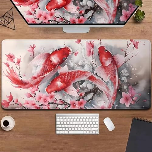 Rote Koi Gaming Mauspad XXL Mousepad 800x400mm Mauspad groß Vernähte Kanten WassXerdicht Anti-Rutsch für PC,Laptop Verbessert Präzision und Geschwindigkei.