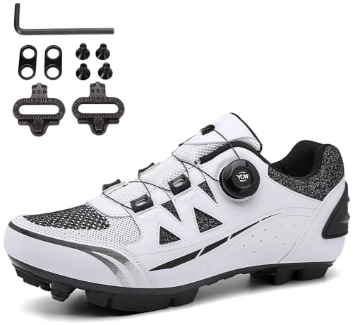 SDEQA Scarpe da Ciclismo MTB Uomo Donna, Scarpe Mountain Bike Compatibili con Pedali SPD 2 Bulloni con Tacchette, All'aperto Scarpe da Equitazione,Bianca,45 EU