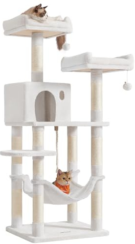 Feandrea Kratzbaum, 141,8 cm hoch, Katzenbaum mit 11 Kratzsäulen | 2 Plattformen, 1 Katzenhöhle, 1 Hängematte, 2 Plüschbällen, mehrstöckiges Design, cremeweiß CLAWFY Kollektion PCT015W02