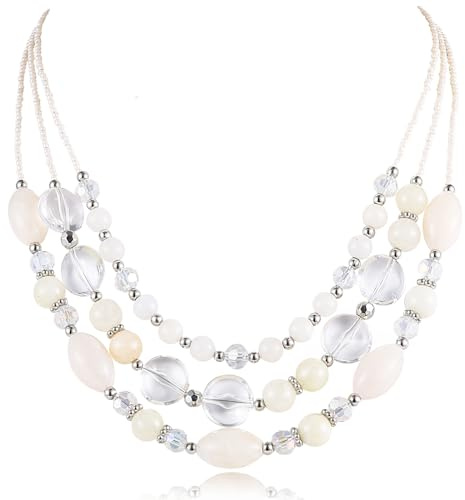 FULU AUTUMN Perlen Statement Kette Damen Silber Mehrreihig Perlenkette Chunky Bunt Modeschmuck Valentinstagsgeschenk für Sie