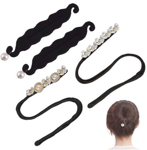 Conjunto de 4 Nudos Mágicos para Cabello unidades de moños mágicos para mujer con peal y flores para hacer moños de cola de caballo,formador de donas,rizador de pelo,accesorio para peinar el cabello
