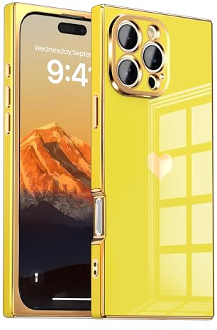 IAIYOXI Coque pour iPhone 16 – Design rectangulaire, protection complète de l'appareil photo, motif cœur, coins renforcés par galvanoplastie, pare-chocs anti-chocs, compatible avec iPhone 16, jaune