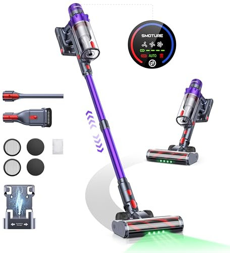 SMOTURE Cordless Vacuum Cleaner, 550W 45KPA Stick Vacuum with Touch Screen, Up to 60 Mins Runtime, Self-Standing Vacuum with Auto Mode, Lightweight Vacuums for Hardwood Floor Carpet Car Pet Hair