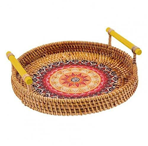 OQHAIR Bandejas Bandeja de Servicio Redonda Antideformada Tejida a Mano de ratán con Asas de Madera Cesta de Mimbre Bandeja de Madera para panera de Frutas (Color: Rojo L)