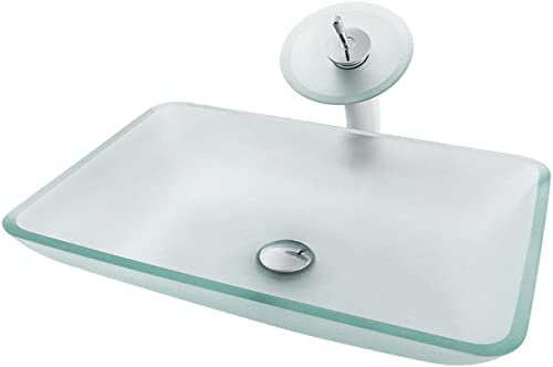 Lavabo da appoggio in vetro smerigliato trasparente, con rubinetto a cascata e scarico pop-up, rotondo, grande rettangolare