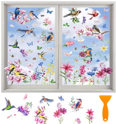 XIATIAN Fensterbilder Frühling Deko Selbstklebend, 9 Blatt Blumen Vogel Aufkleber Fenster Sommer Fensteraufkleber, Fenstersticker Fensterfolie Wiederverwendbar für Fensterdeko