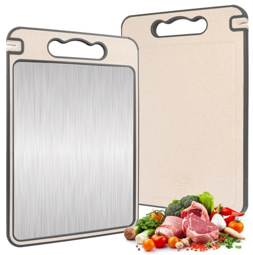 AKONE Planche à découper double face en acier inoxydable avec pierre à aiguiser - Avec poignée - Antidérapante - Passe au lave-vaisselle