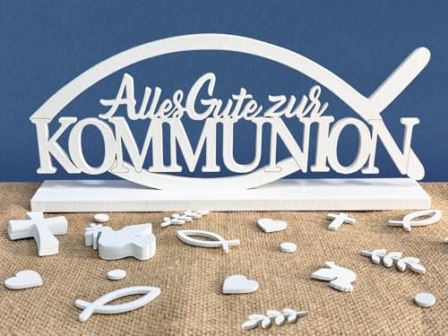 Kommunion Deko Holz, Tischdeko Kommunion Holzschriftzug Fisch Taubenkreuz mit Streudeko, Erstkommunion Deko Mädchen und Jungen