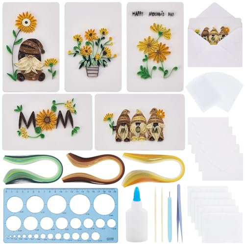 WEBEEDY 20 Sets Mother's Day Quilling Greeting Card Kit Paper Quilling Kit for Beginner 5 Styles Mom Sunflowers Gnomes 3D Quilling Card Making Kit with Envelopes Instruction Unique Mother's Day Gift