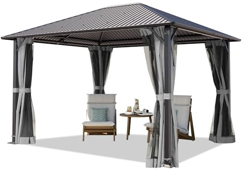 TOOLPORT Tonnelle de Jardin 3x3,65 m avec Toit en Acier - Hardtop Pavillon avec 4 Parois latérales et 4 Moustiquaires en Gris