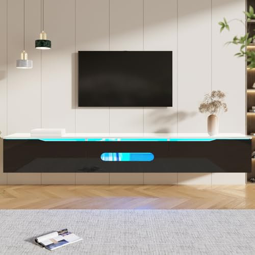 Seyakany Meuble TV Noir et Blanc, Longueur 180 cm, Finition Brillante, avec éclairage LED 16 Couleurs, Fixation Murale