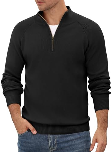 TOMEEK Jerséis para Hombre de Cuello Redondo Alto con Cremallera Cuarto Jersey para Hombre Manga Larga Pullover Slim Fit Sólido de Punto(Negro,XL)