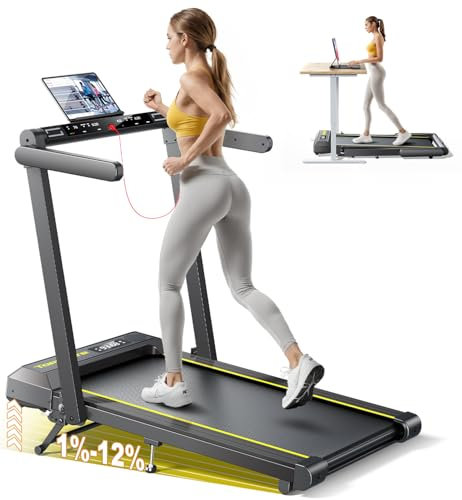 Folding Treadmill with 12% Incline, 4 in 1 Treadmills for Home/Office, Heart Rate, 16KM/H Portable Treadmill, 2.5HP Under Desk Walking Pad, Dual LED Screen, App, Bluetooth Speaker (Black-12% Incline)