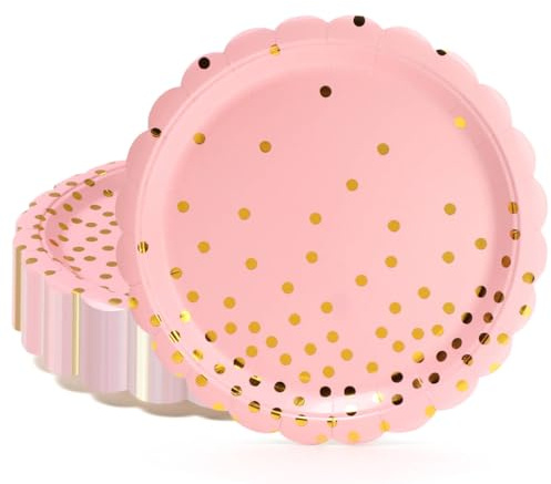 PARTY GO 50Pcs Pink and Glod Paper Plates 9 23cm Scalloped Dot Party Plates Set for Dinner and Dessert Great for Birthday Parties, Holidays, Weddings, Graduation Decorations