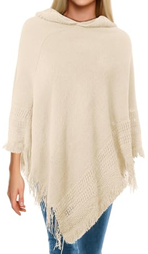 Skicuff Women Hooded Poncho Cape Knit Shawl with Fringe Trim,Beige