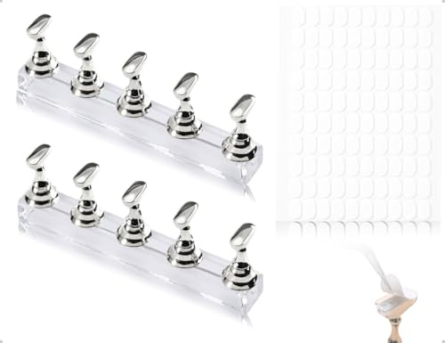 Emezddo Juego de 2 soportes para uñas con pegamento transparente, kit para hacer arte de uñas acrílicas con imán, soporte para practicar puntas de uñas a presión para uso doméstico (plateado)