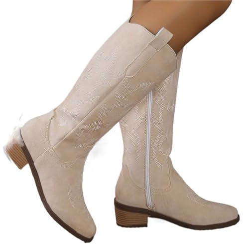 WEOKDFHA Cowboystövlar för kvinnor kvinnor cowboy knähöga stövlar för kvinnor Mid Heels vandringsskor mode dragkedja Chunky stövlar pumps punk High Botas (beige, 37)