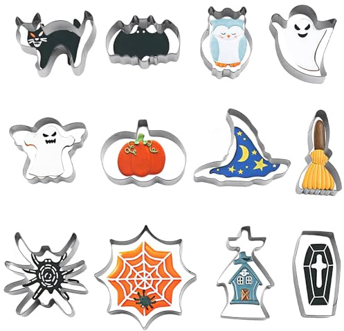 GWAWG Halloween Cookie Cutters,12 PCS Metal Baking Biscuit Cutters for Ghost, Spider, Bat, Pumpkin, Witch Hat & More, Professional Pastry Tools for Halloween Baking Decorations