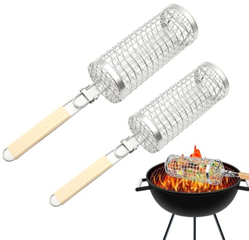 Cestas De Parrilla Apilables con Ruedas - Accesorios Barbacoa Exterior,2 Piezas Utensilios Parrilla Acero Inoxidable con Mango Madera para Hogar Exterior Camping