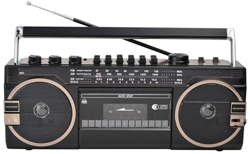 Boombox Bluetooth retro de los años 80 con reproductor de CD, grabadora de casete, radio AM/FM, portátil para el hogar, viajes y reuniones familiares, color negro