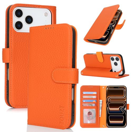 Zouzt Fodral till iPhone 17 Pro Max plånbok i äkta läder med 4 kortplatser, RFID-blockerande korthållare magnetisk flip folio stöttåligt telefonskydd kvinnor män för iPhone 17 Pro Max – orange