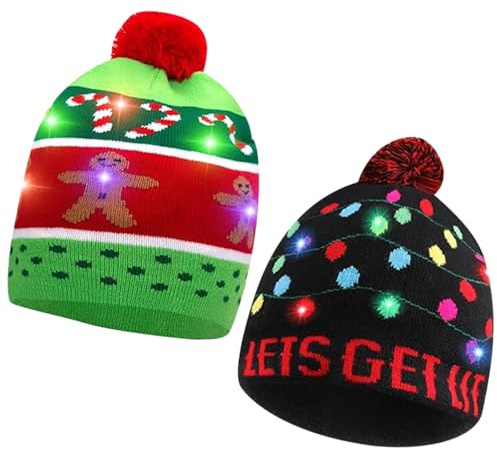 DIELIANHUA 2 Stück Weihnachtsmütze LED, Weihnachtsmütze, Weihnachtsmützen, Weihnachtsmützen Mit Licht, LED Weihnachtsmützes, Mütze Mit LEDs Licht, Geeignet für Weihnachts- und Silvesterfeiern/A