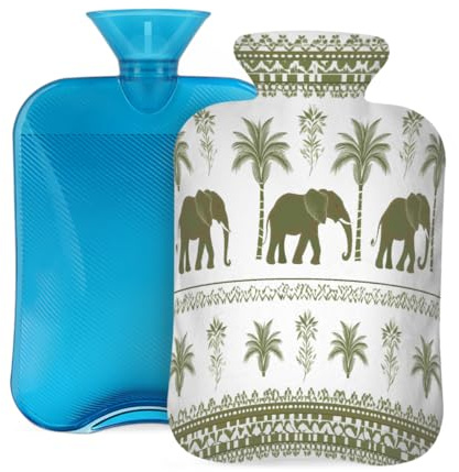 Boho Elephant Palm Tree Hot Water Bottle with Cover, 2L PVC Hot Water Bag with Soft Cover, Reusable Heating Pad for Pain Relief Warm Hands Waist Abdomen Feet & Bed