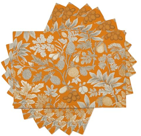 Fruit Vines Placemats Set of 6, Vintage Style Heat Resistant Table Place Mats Non Slip Washable Table Mats for Party Kitchen Home Dining Holiday Place Mat Decor 45x30cm, Orange