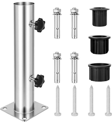 Zllzpzd Pieds de Parasol Support Réglable,Tube pour Pied de Parasol avec 3 Anneaux de Réduction en PVC (32/38/48mm) & 8 Clous en Acier,Support Parasol pour Balcon,Jardin,Extérieur(Argenté)