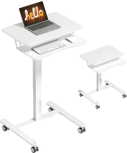 HOMCOM Laptoptisch Höhenverstellbar mit Rollen 65 x 60 cm Weiß | Pneumatisch, Computertisch, Große Tischplatte, Tastaturablage 71-107cm, Mobiler Beistelltisch Schreibtisch, Sofa, Bett, Büro