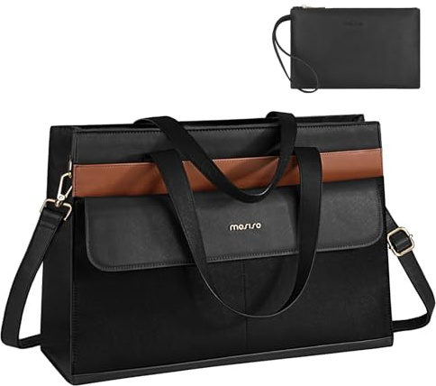 MOSISO Handtasche Damen Groß, 15,6 Zoll PU Leder Laptoptasche Arbeitstasche | Wasserdicht Aktentasche Lehrertasche Elegant Shopper Business Uni Büro Tasche Schultasche Tote Bag mit Klappfach, Schwarz